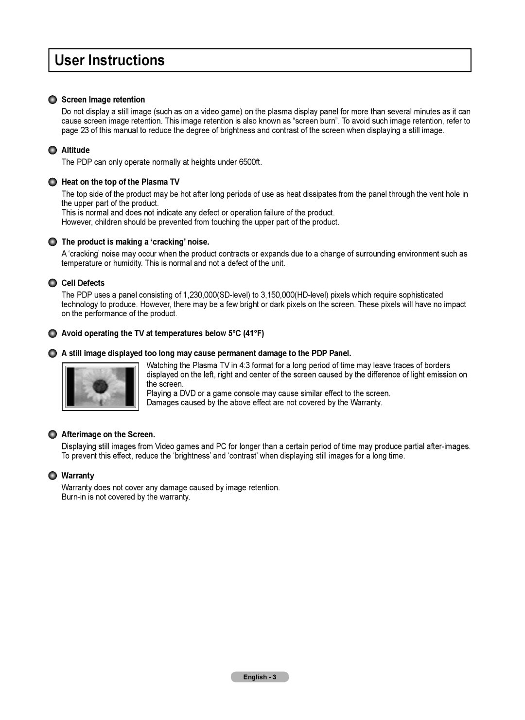 Samsung 460 User Instructions, Screen Image retention, Altitude, Heat on the top of the Plasma TV, Cell Defects, Warranty 