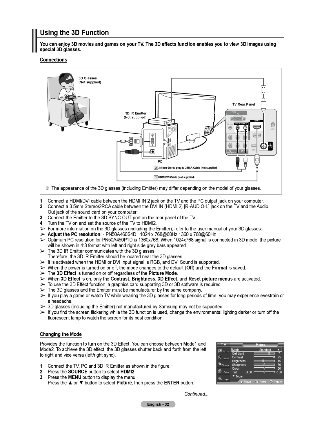 Samsung 460 user manual Using the D Function, Connections, Changing the Mode, Continued 