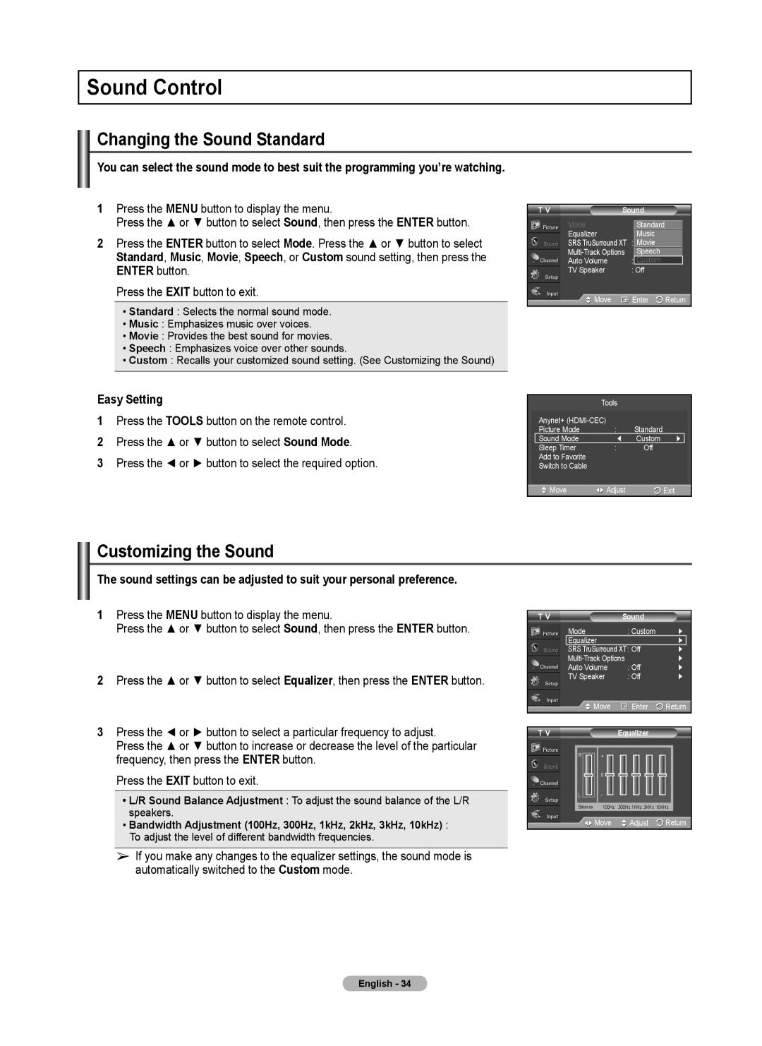 Samsung 460 user manual Sound Control, Changing the Sound Standard, Customizing the Sound, Easy Setting 