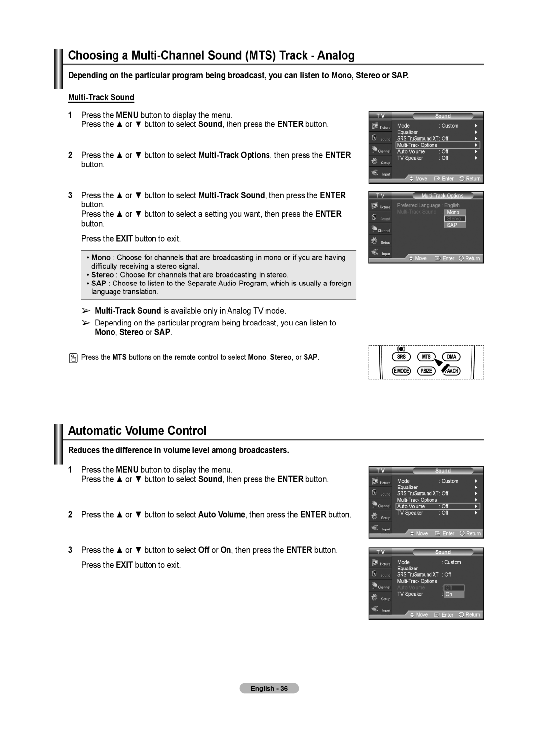 Samsung 460 user manual Choosing a Multi-Channel Sound MTS Track - Analog, Automatic Volume Control, Multi-Track Sound 