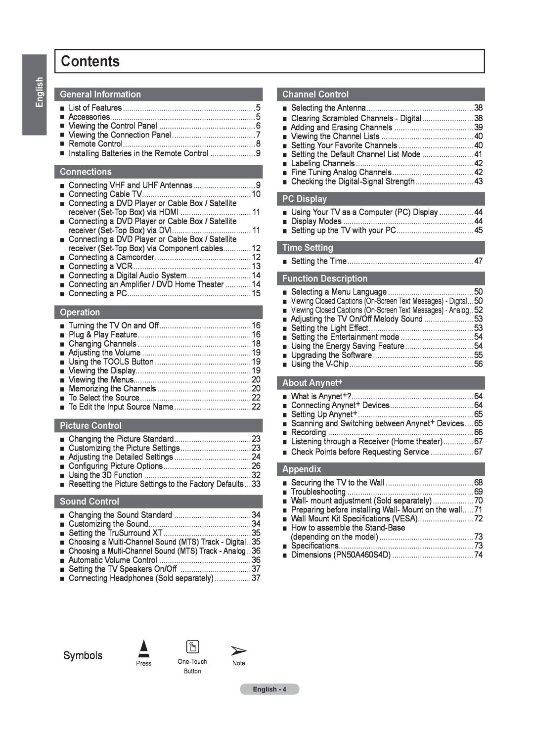 Samsung 460 user manual Contents, Symbols 