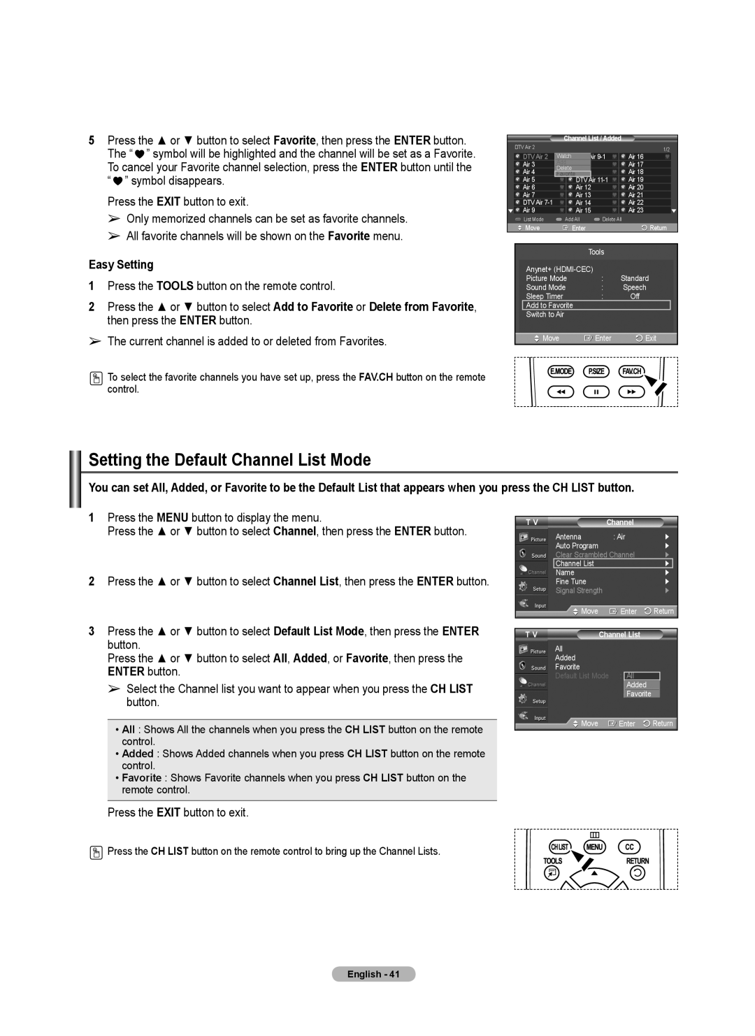 Samsung 460 user manual Setting the Default Channel List Mode, Easy Setting, Default List Mode 