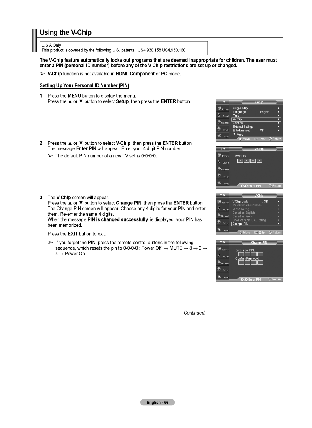 Samsung 460 user manual Using the V-Chip, Setting Up Your Personal ID Number PIN, Continued 