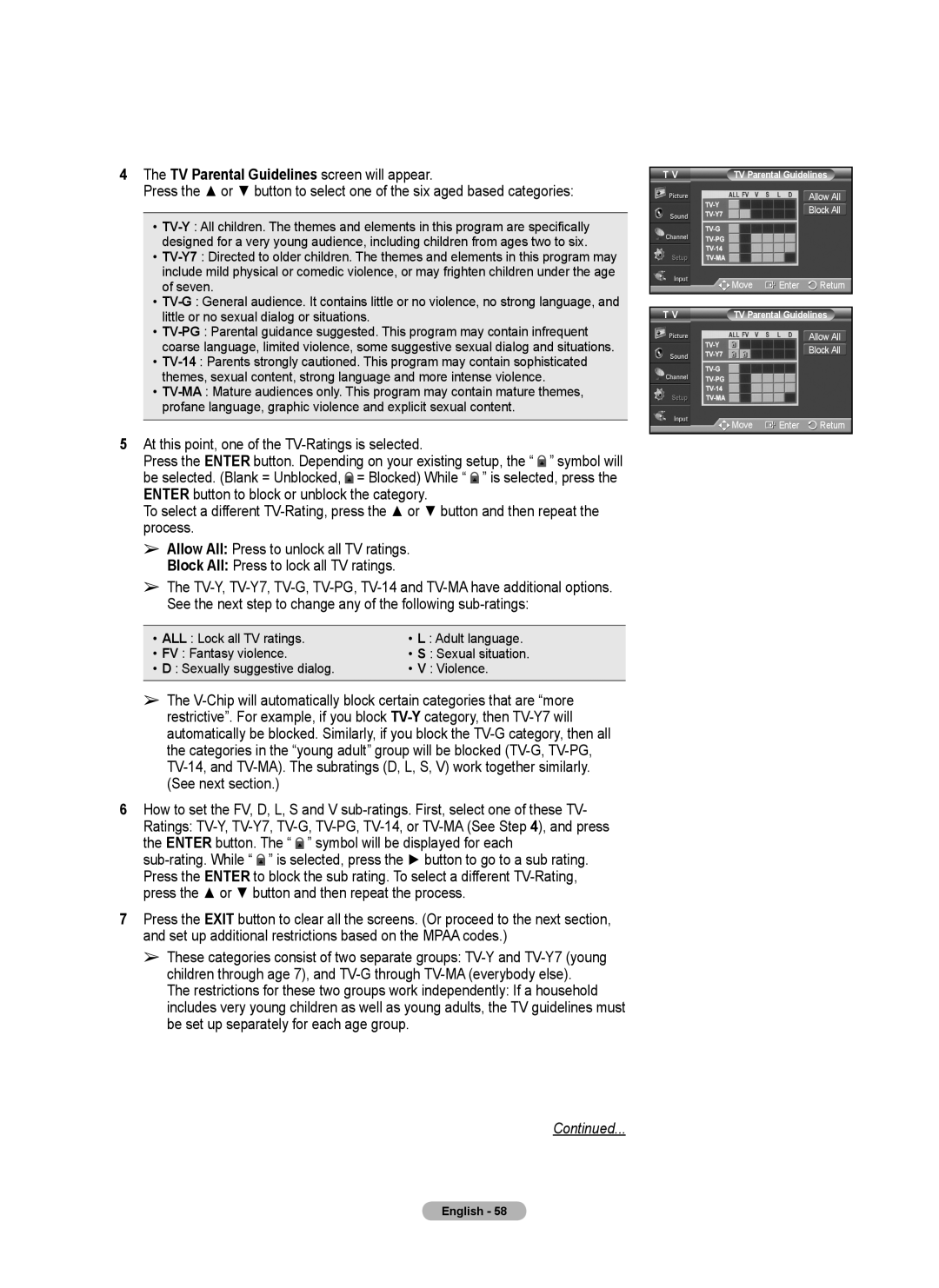 Samsung 460 user manual The TV Parental Guidelines screen will appear, Continued 