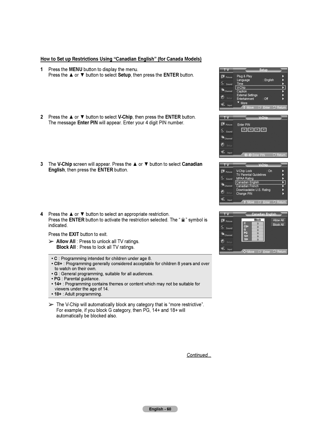 Samsung 460 user manual How to Set up Restrictions Using “Canadian English” for Canada Models, Continued 