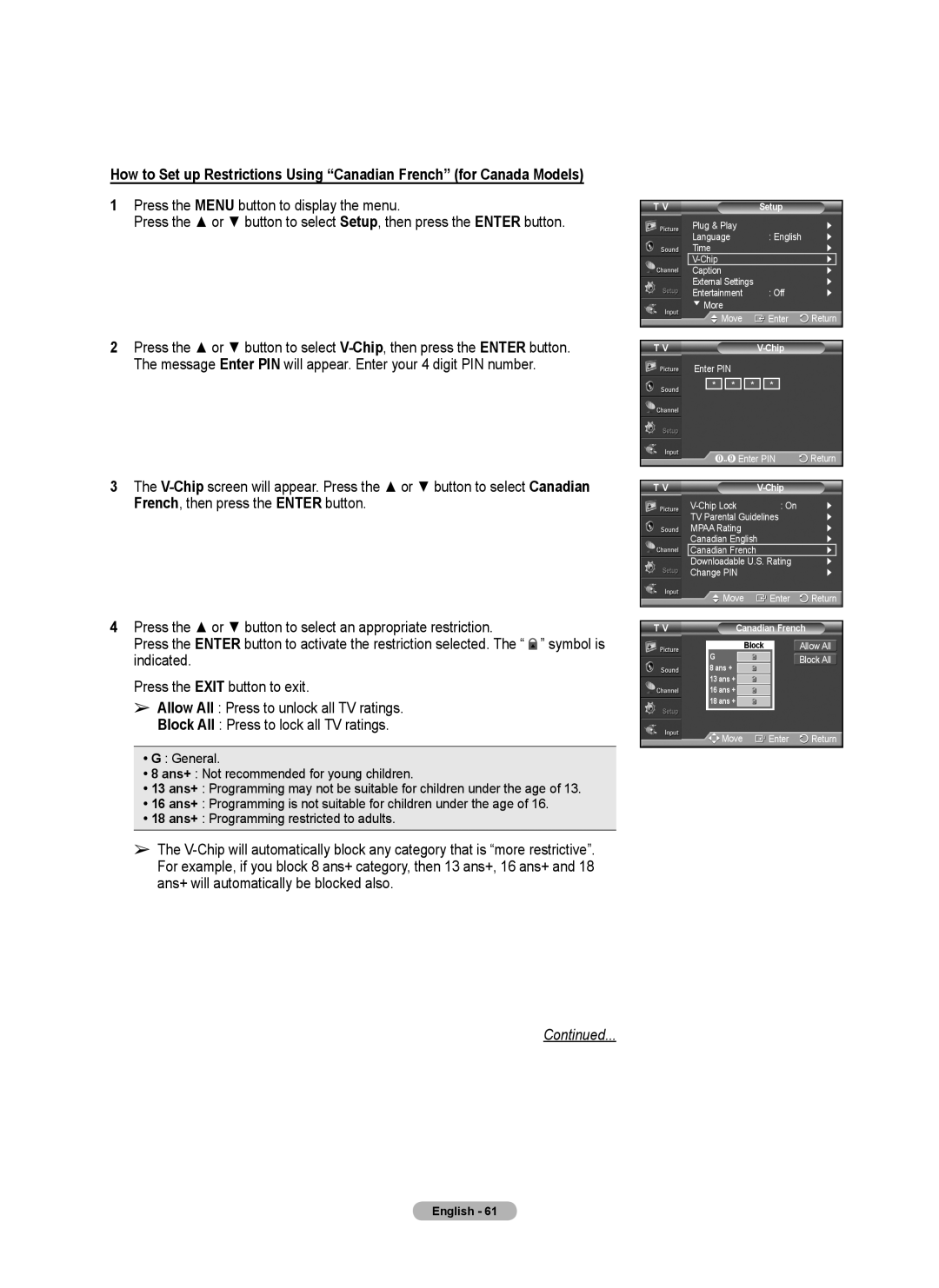 Samsung 460 user manual How to Set up Restrictions Using “Canadian French” for Canada Models, Continued 
