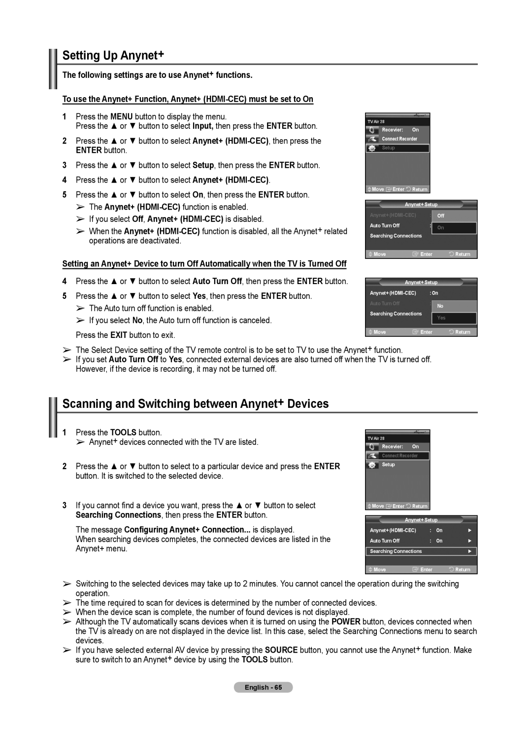 Samsung 460 user manual Setting Up Anynet+, Scanning and Switching between Anynet+ Devices 