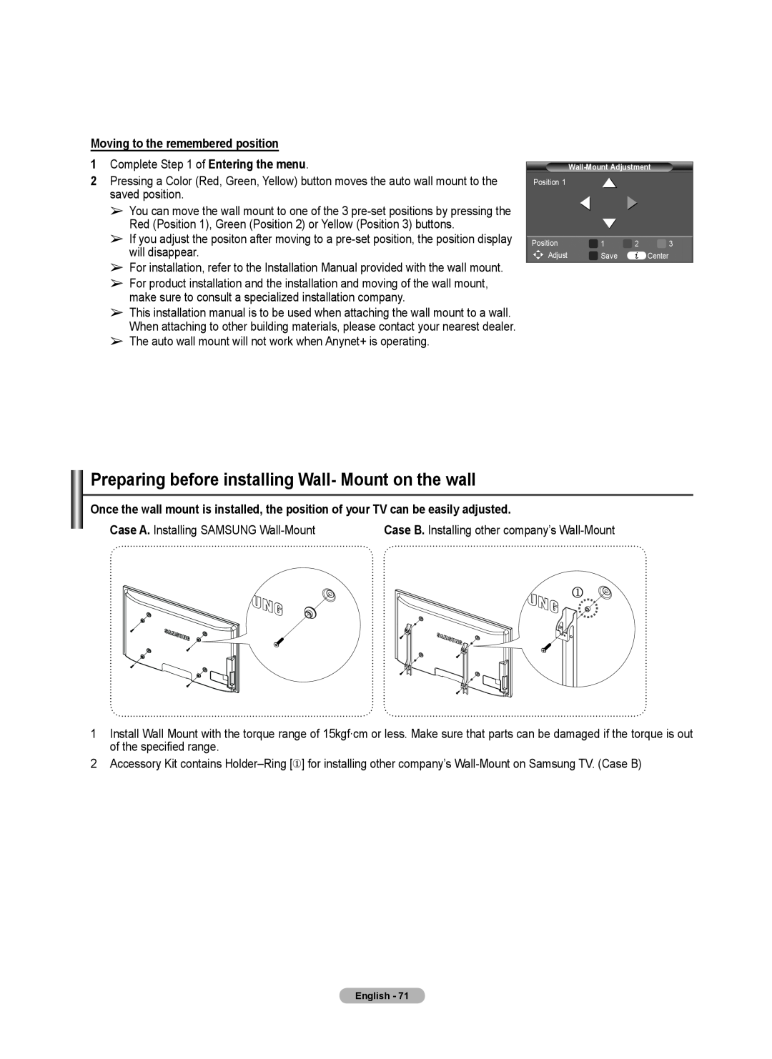Samsung 460 user manual Preparing before installing Wall- Mount on the wall, Moving to the remembered position 