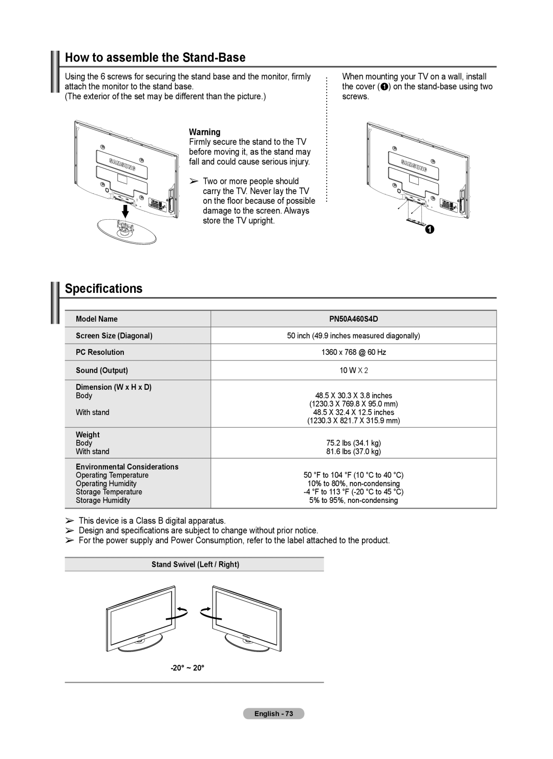 Samsung 460 user manual How to assemble the Stand-Base, Specifications 