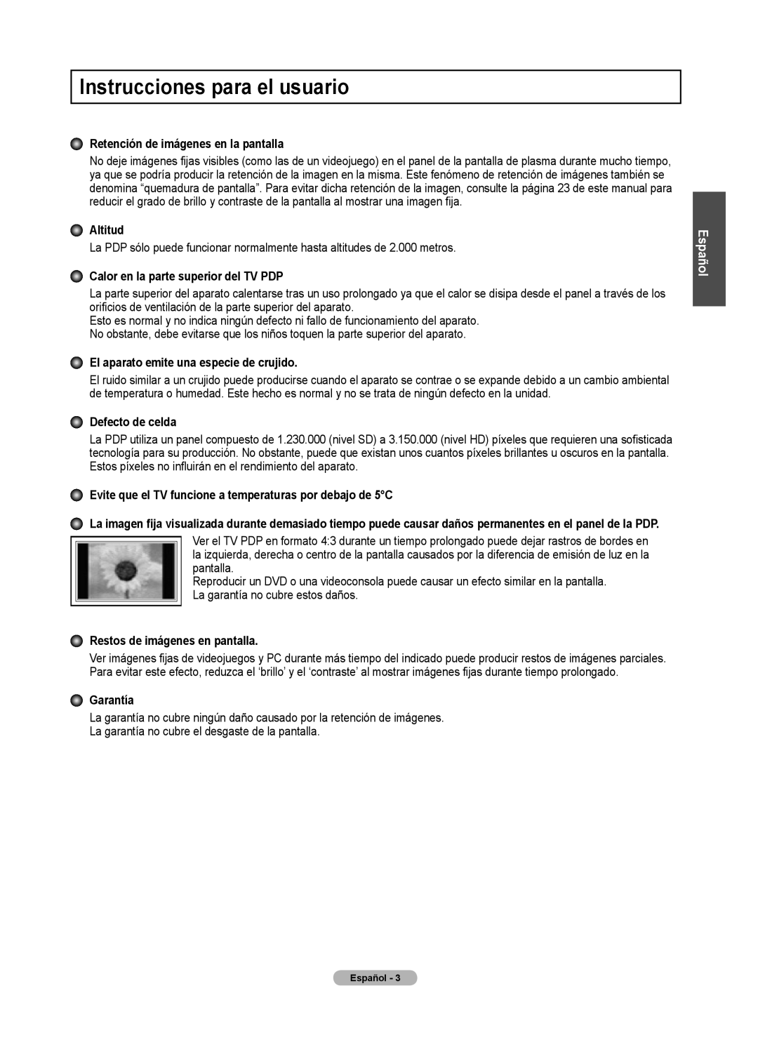 Samsung 460 Instrucciones para el usuario, Retención de imágenes en la pantalla, Altitud, Defecto de celda, Garantía 
