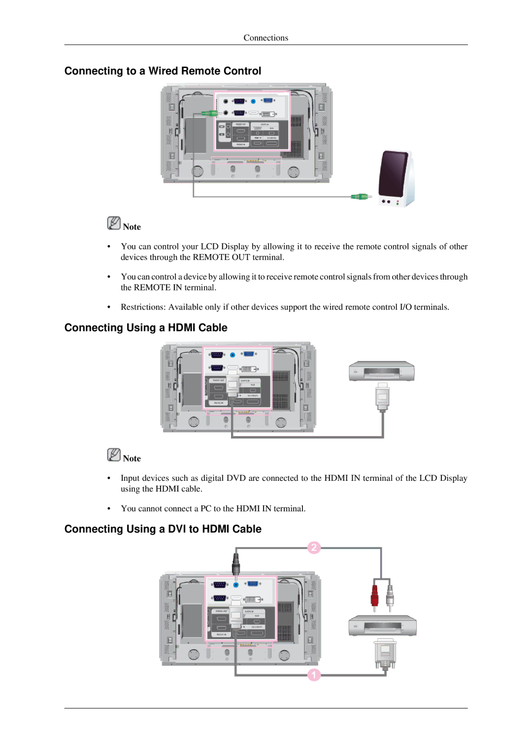 Samsung 460DR Connecting to a Wired Remote Control, Connecting Using a Hdmi Cable, Connecting Using a DVI to Hdmi Cable 