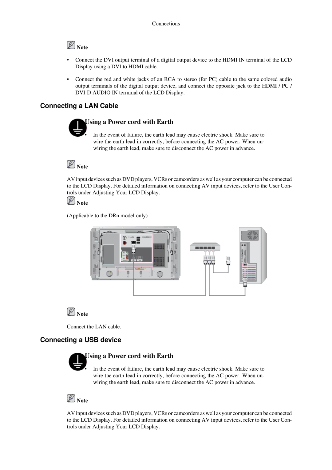 Samsung 460DRn quick start Connecting a LAN Cable, Connecting a USB device 