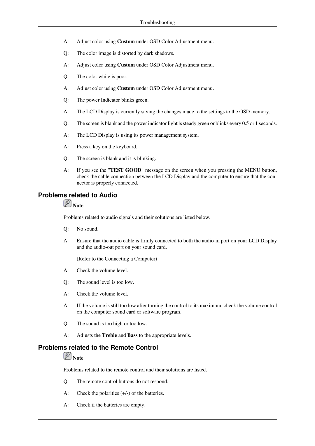 Samsung 460DRn quick start Problems related to Audio, Problems related to the Remote Control 