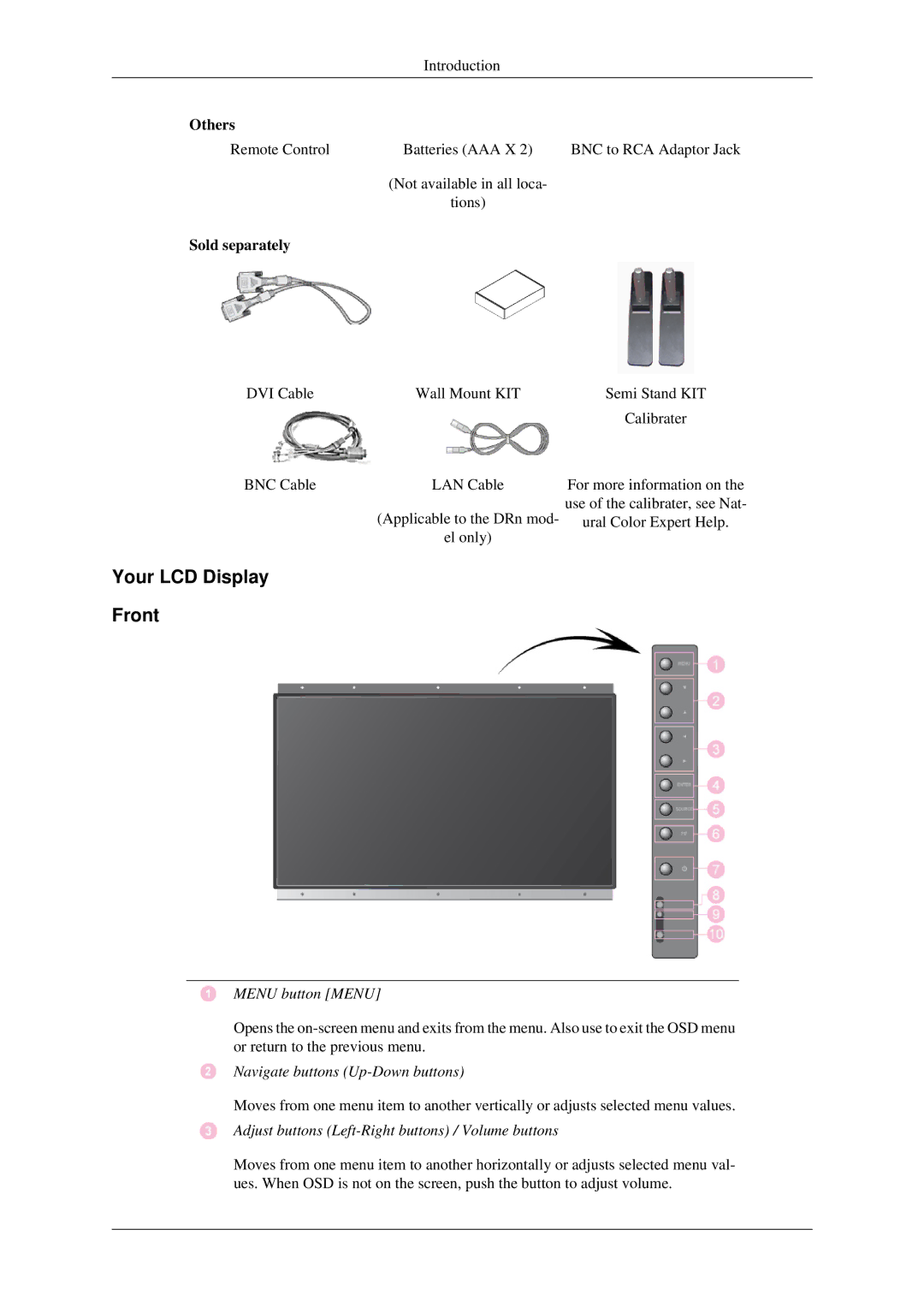 Samsung 460DRn quick start Your LCD Display Front, Menu button Menu, Navigate buttons Up-Down buttons 