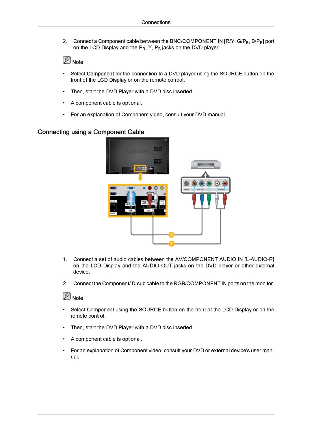 Samsung 460DXn-2, 460DX-2, 400DXN-2, 400DX-2 quick start Connecting using a Component Cable 