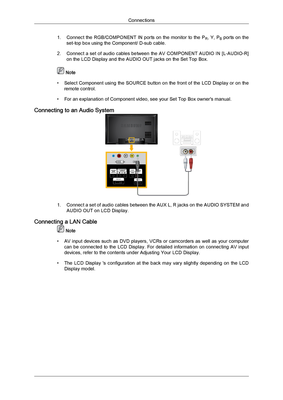 Samsung 460DXn-2, 460DX-2, 400DXN-2, 400DX-2 quick start Connecting to an Audio System, Connecting a LAN Cable 