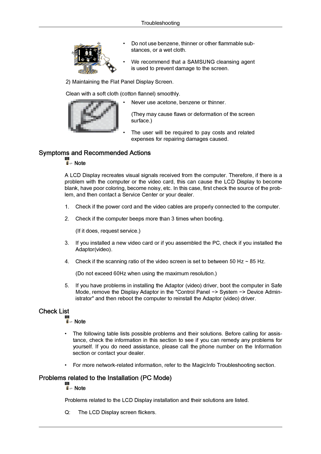 Samsung 460DX-2, 460DXn-2 Symptoms and Recommended Actions, Check List, Problems related to the Installation PC Mode 