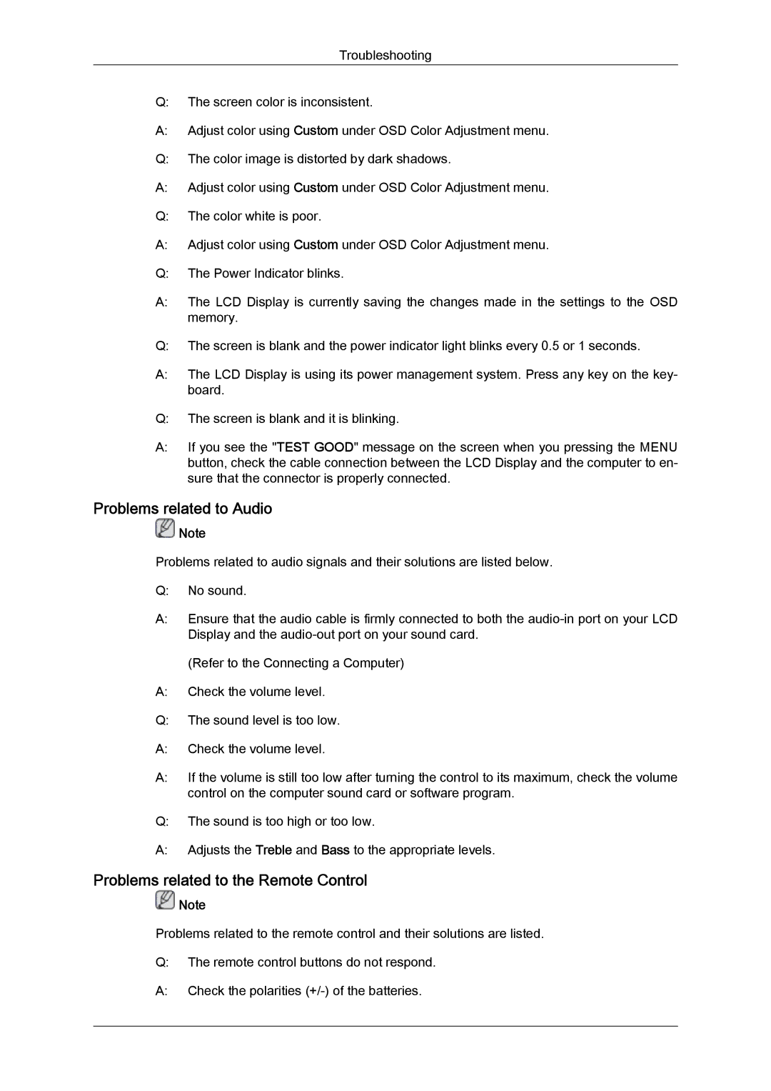 Samsung 400DXN-2, 460DX-2, 460DXn-2, 400DX-2 quick start Problems related to Audio, Problems related to the Remote Control 