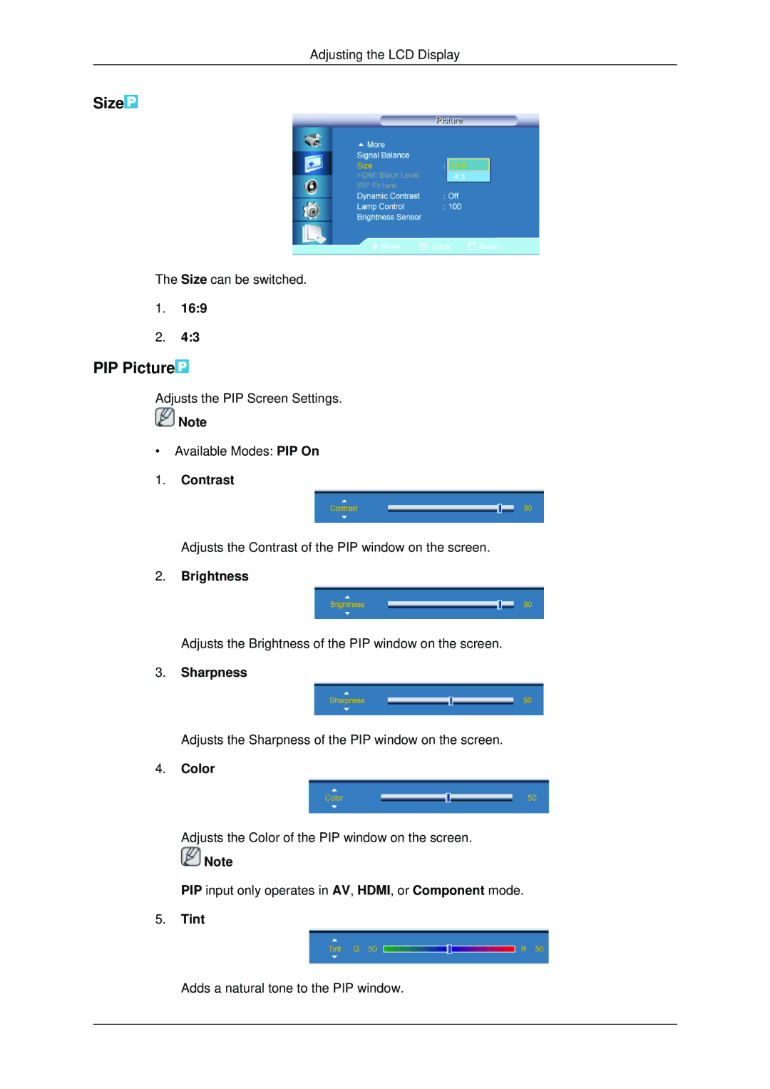 Samsung 460DX3, 460DX-3, 400DX-3, 400DX3 user manual PIP Picture, Color, Tint 