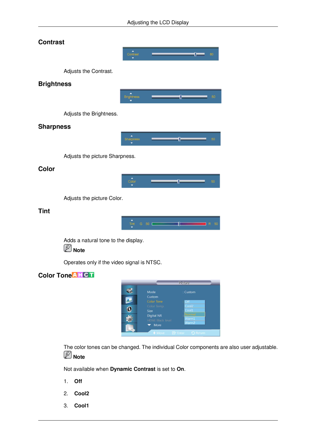 Samsung 400DX3, 460DX3, 460DX-3, 400DX-3 user manual Contrast, Brightness, Sharpness, Color, Tint 