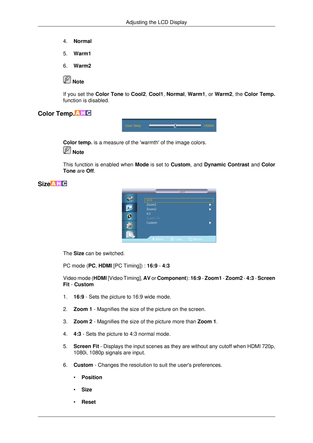 Samsung 460DX3, 460DX-3, 400DX-3, 400DX3 user manual Color Temp, Position Size Reset 