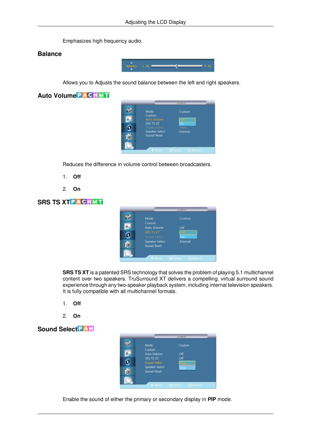 Samsung 460DX-3, 460DX3, 400DX-3, 400DX3 user manual Balance, Auto Volume, Sound Select 