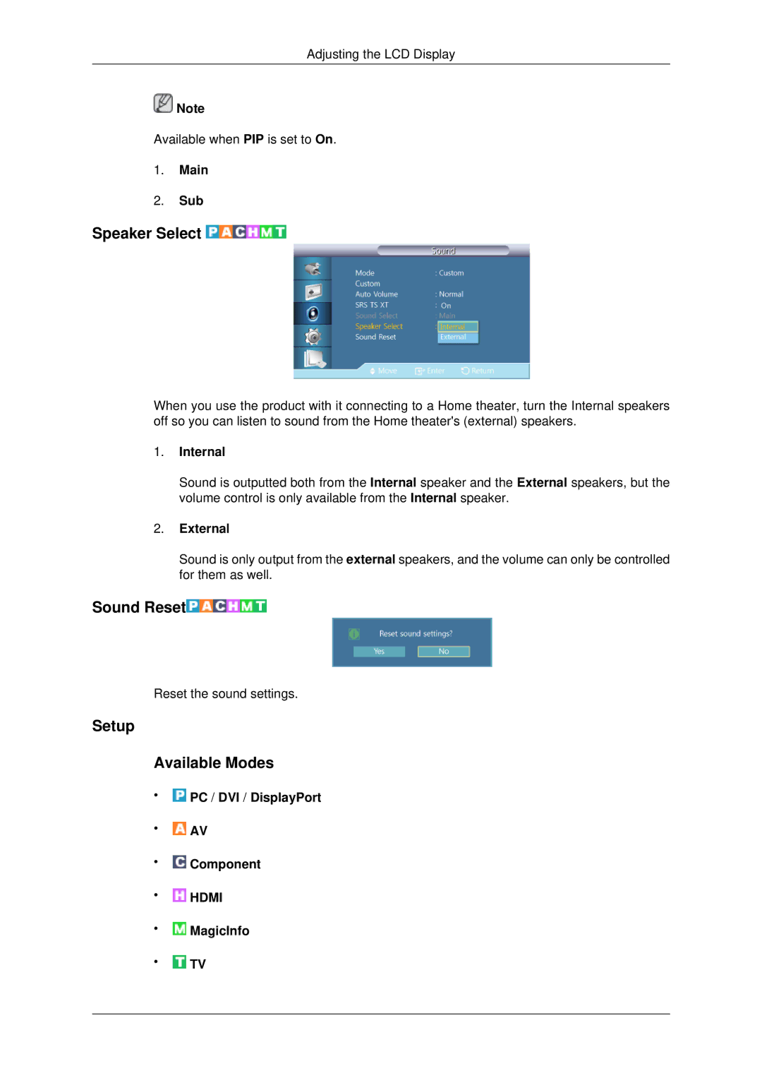 Samsung 400DX-3, 460DX3, 460DX-3, 400DX3 user manual Speaker Select, Sound Reset, Setup Available Modes 