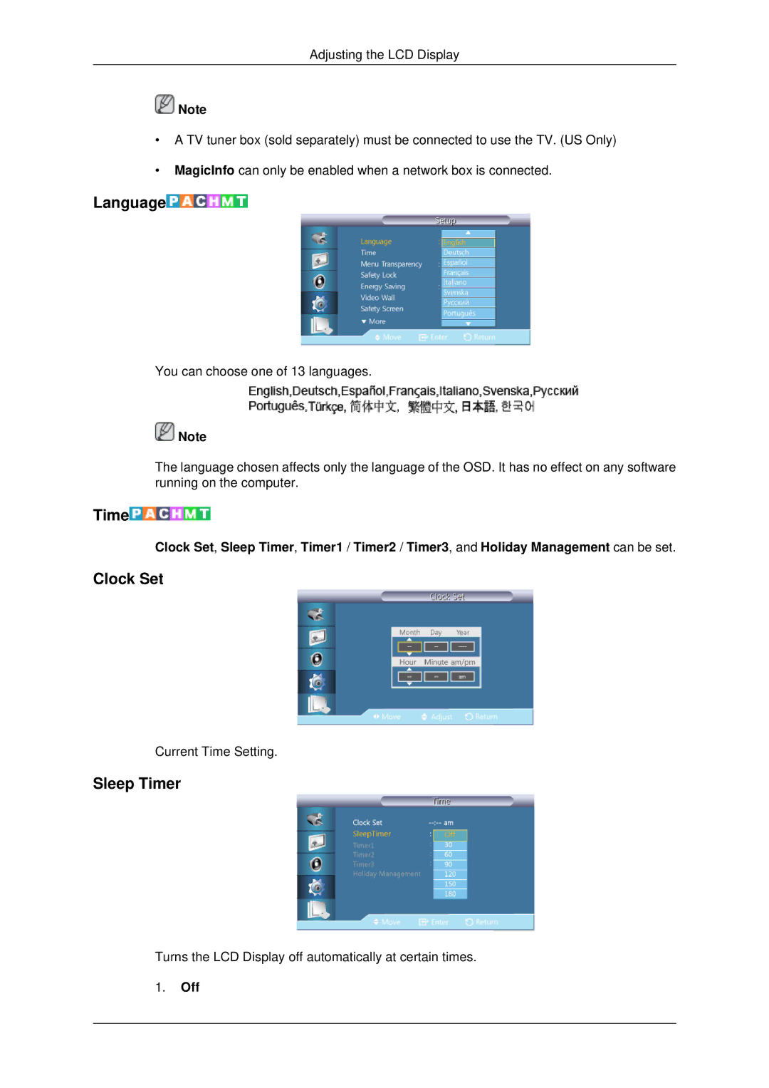 Samsung 400DX3, 460DX3, 460DX-3, 400DX-3 user manual Language, Clock Set, Sleep Timer 