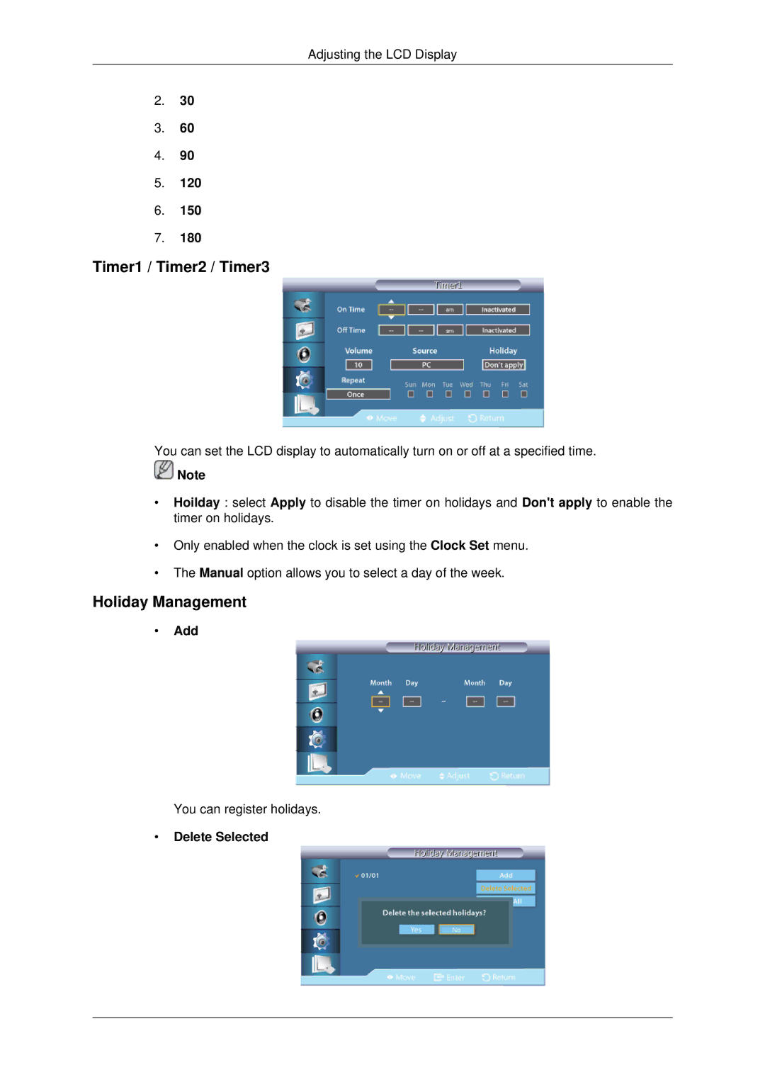 Samsung 460DX3, 460DX-3, 400DX-3, 400DX3 user manual Timer1 / Timer2 / Timer3, Holiday Management, Add, Delete Selected 