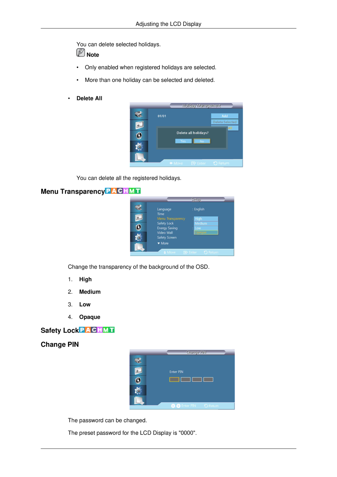 Samsung 460DX-3, 460DX3, 400DX-3, 400DX3 user manual Menu Transparency, Safety Lock Change PIN, Delete All 