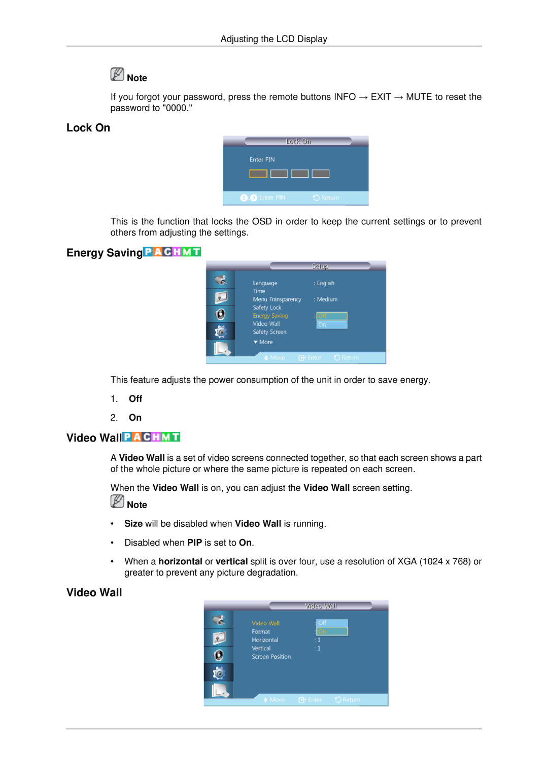 Samsung 400DX-3, 460DX3, 460DX-3, 400DX3 user manual Lock On, Energy Saving, Video Wall 