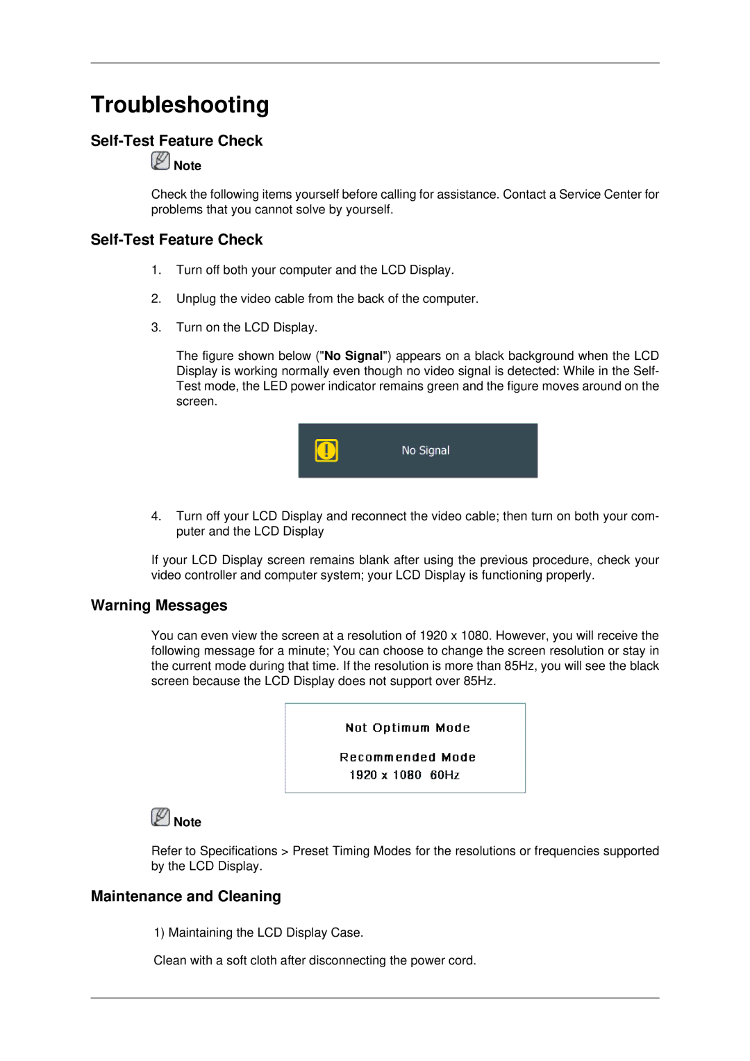 Samsung 400DX3, 460DX3, 460DX-3, 400DX-3 user manual Self-Test Feature Check, Maintenance and Cleaning 