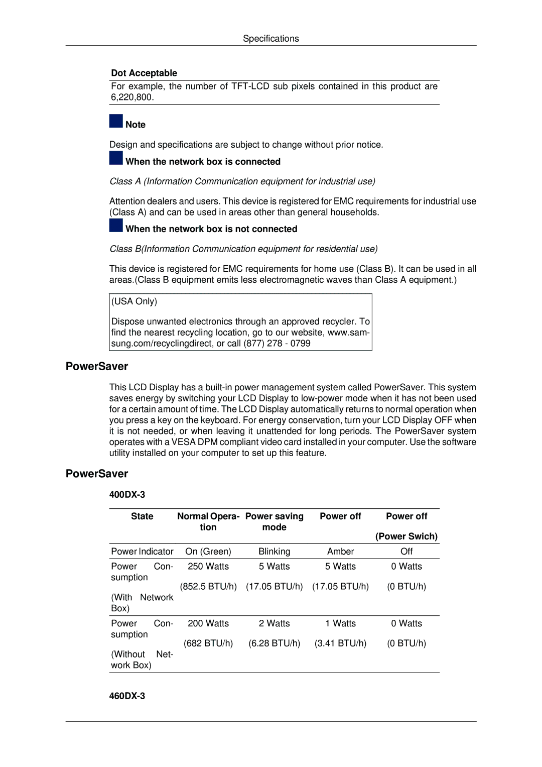 Samsung 400DX-3, 460DX3, 460DX-3, 400DX3 user manual PowerSaver 