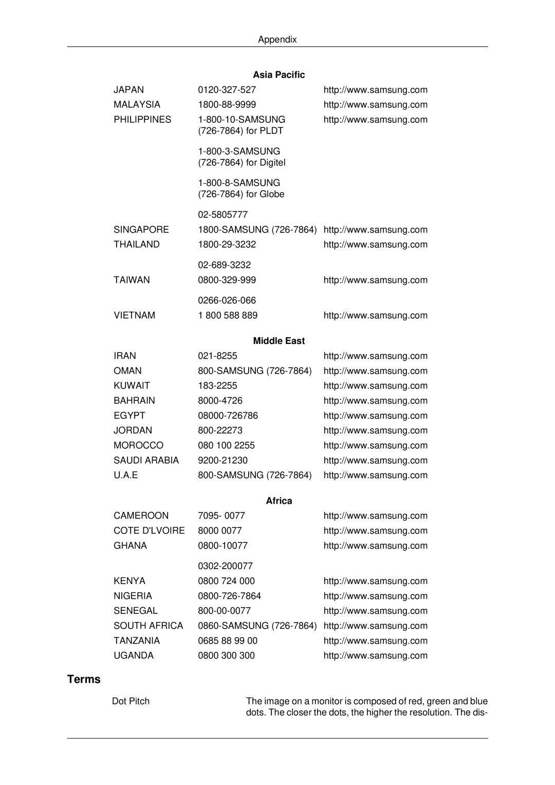 Samsung 460DX3, 460DX-3, 400DX-3, 400DX3 user manual Terms, Middle East, Africa 