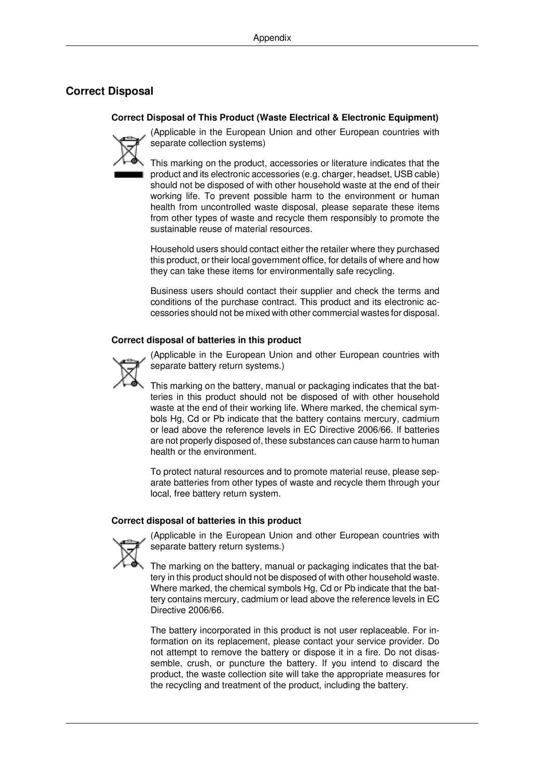 Samsung 400DX-3, 460DX3, 460DX-3, 400DX3 user manual Correct Disposal, Correct disposal of batteries in this product 