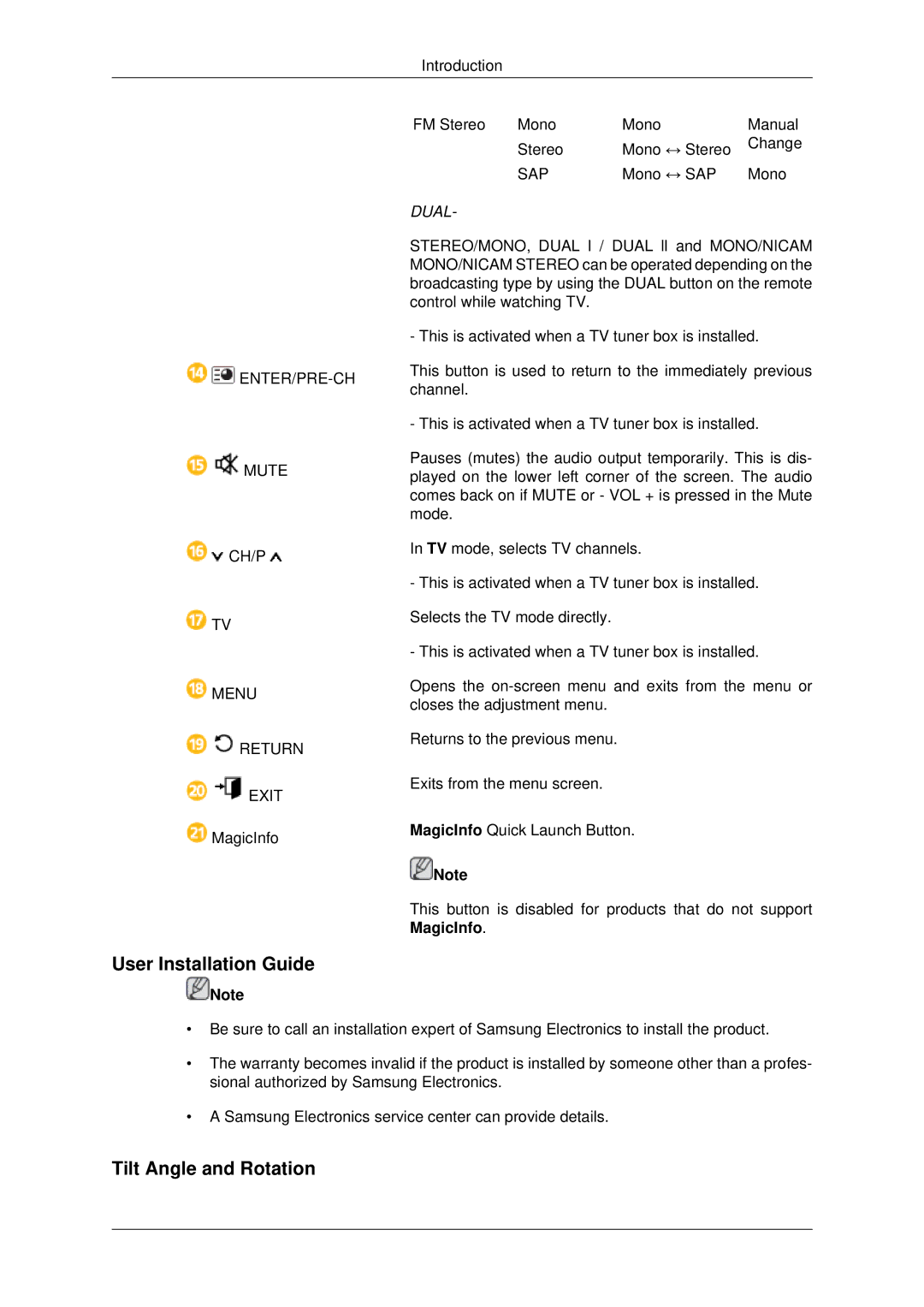 Samsung 460DX-3, 460DX3, 400DX-3, 400DX3 user manual User Installation Guide, Tilt Angle and Rotation, MagicInfo 