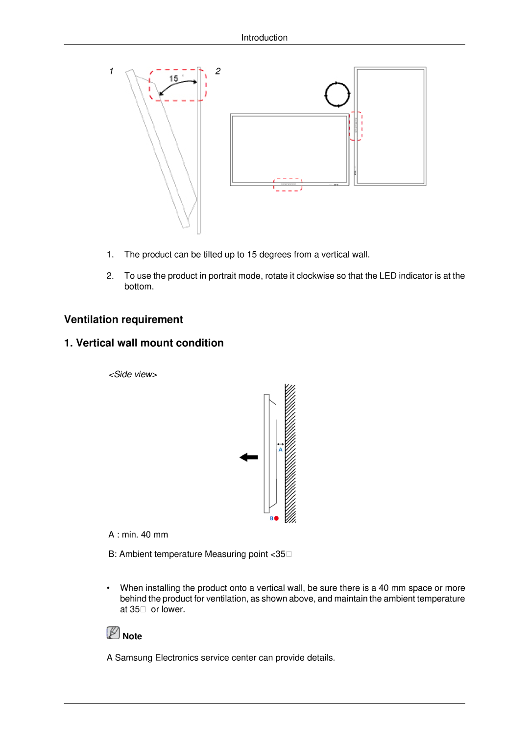 Samsung 400DX-3, 460DX3, 460DX-3, 400DX3 user manual Ventilation requirement Vertical wall mount condition, Side view 