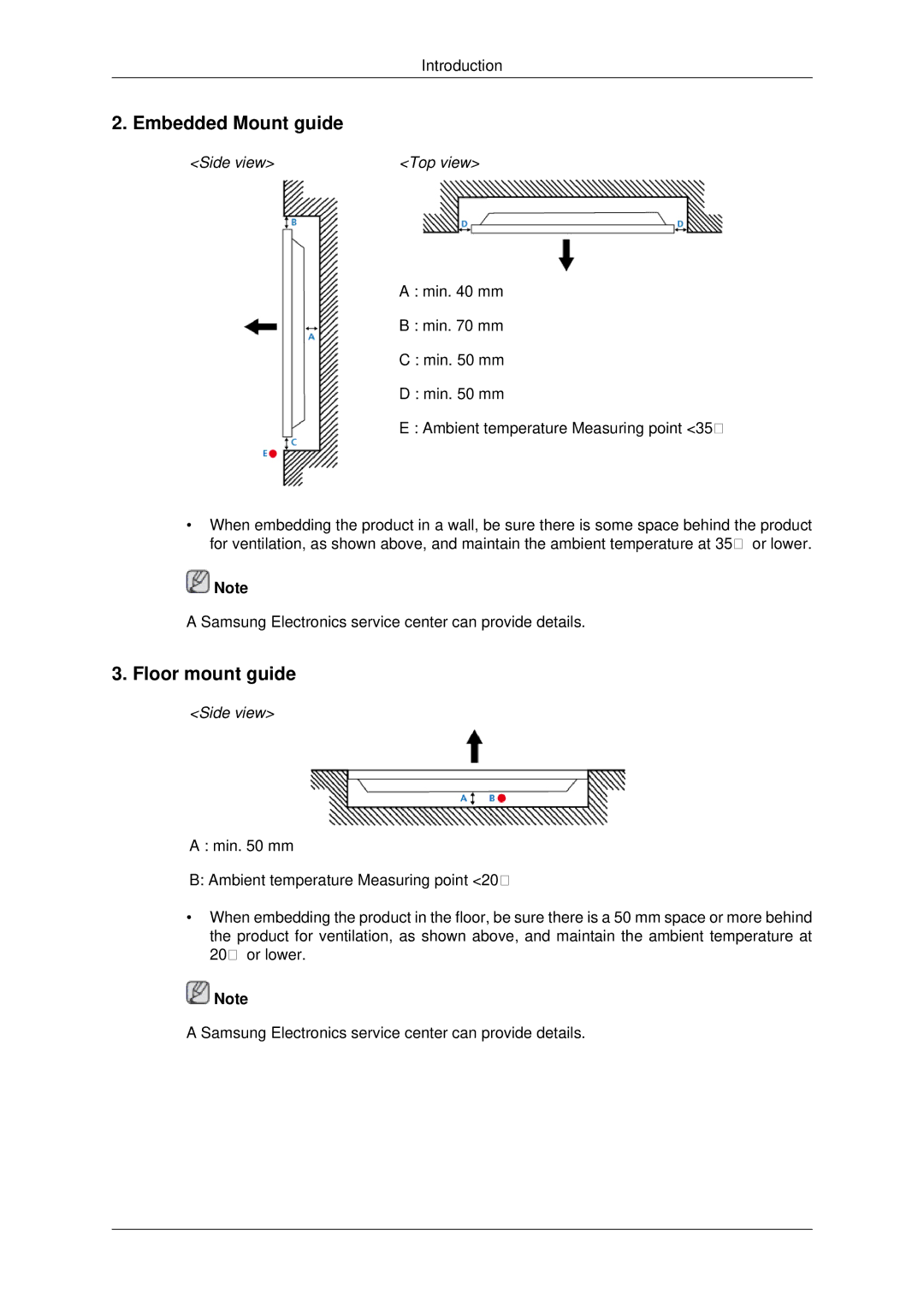 Samsung 400DX3, 460DX3, 460DX-3, 400DX-3 user manual Embedded Mount guide, Floor mount guide 