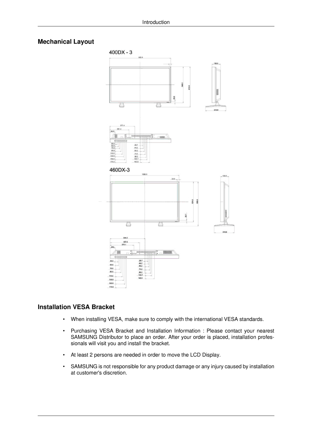 Samsung 460DX3, 460DX-3, 400DX-3, 400DX3 user manual Mechanical Layout Installation Vesa Bracket 