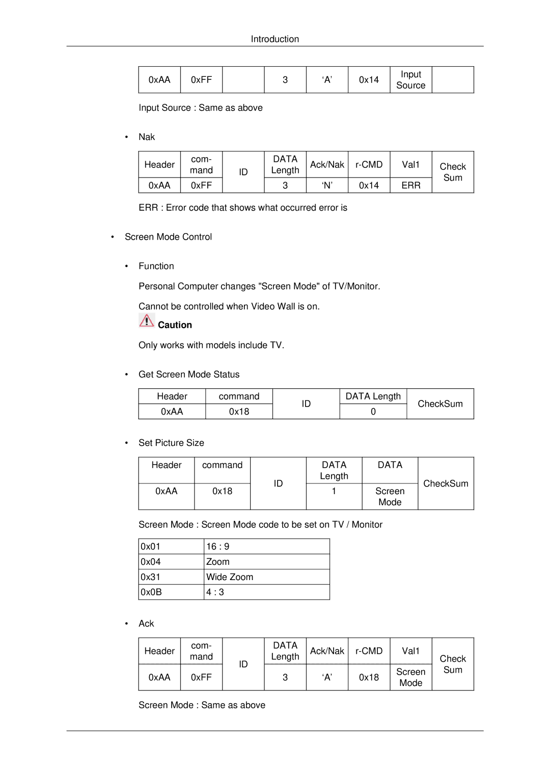 Samsung 400DX3, 460DX3, 460DX-3, 400DX-3 user manual Ack/Nak CMD Val1 Check Mand Length Sum 0xAA 0xFF ‘N’ 0x14 