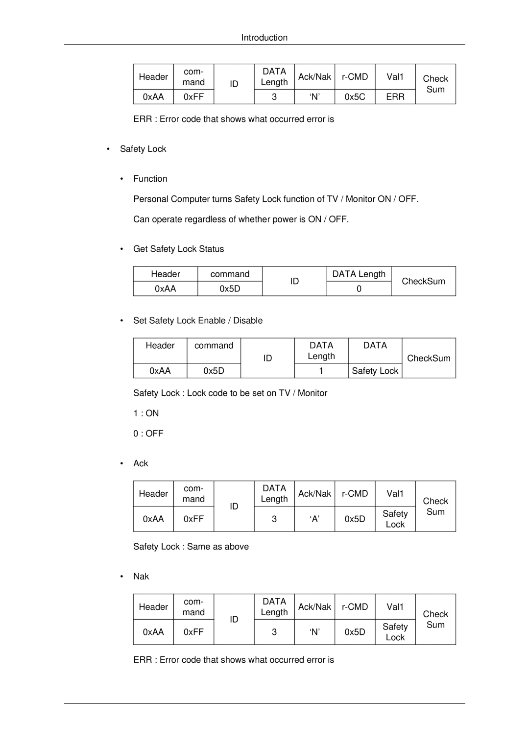 Samsung 400DX3, 460DX3, 460DX-3, 400DX-3 user manual Introduction Header 0xAA Com Mand 0xFF 