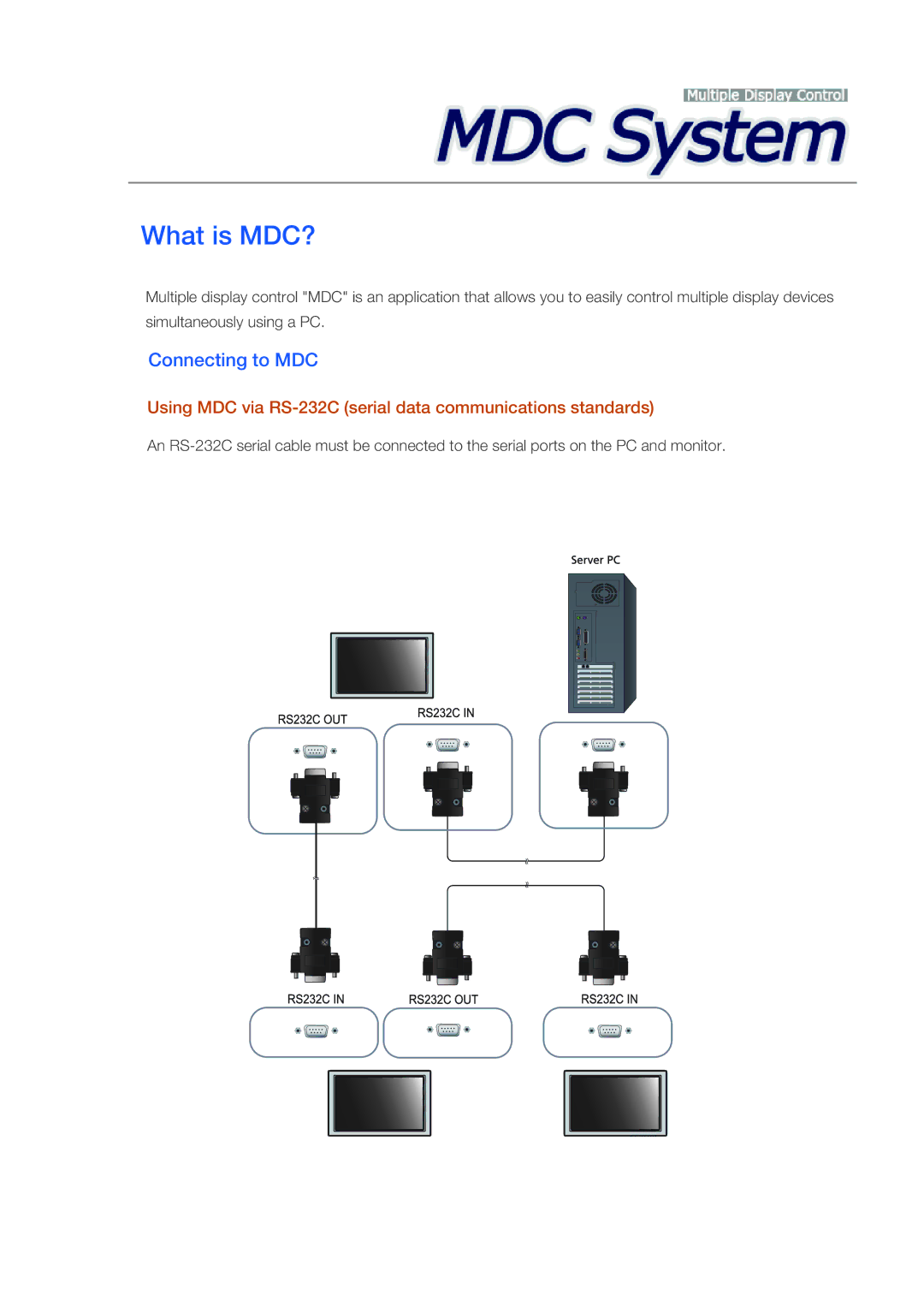 Samsung 400DX3, 460DX3, 460DX-3, 400DX-3 Connecting to MDC, Using MDC via RS-232C serial data communications standards 