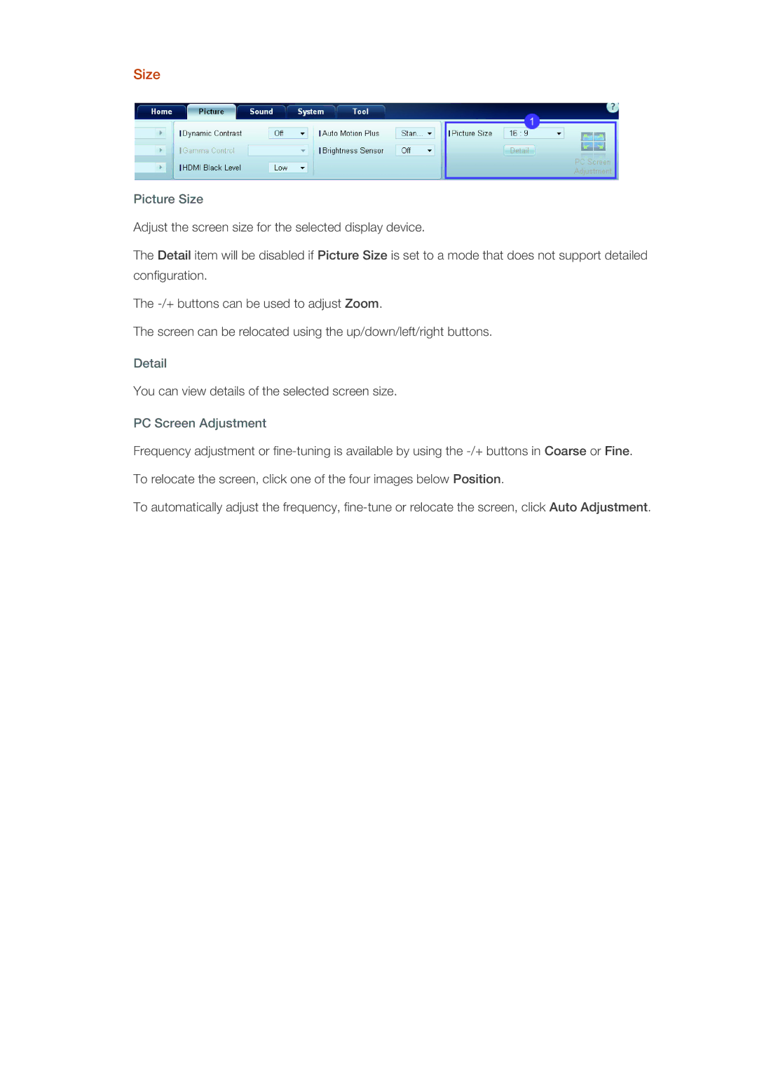 Samsung 400DX3, 460DX3, 460DX-3, 400DX-3 user manual Picture Size, Detail, PC Screen Adjustment 