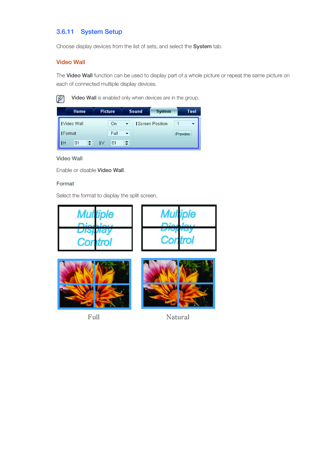 Samsung 460DX-3, 460DX3, 400DX-3, 400DX3 user manual System Setup, Video Wall, Format 