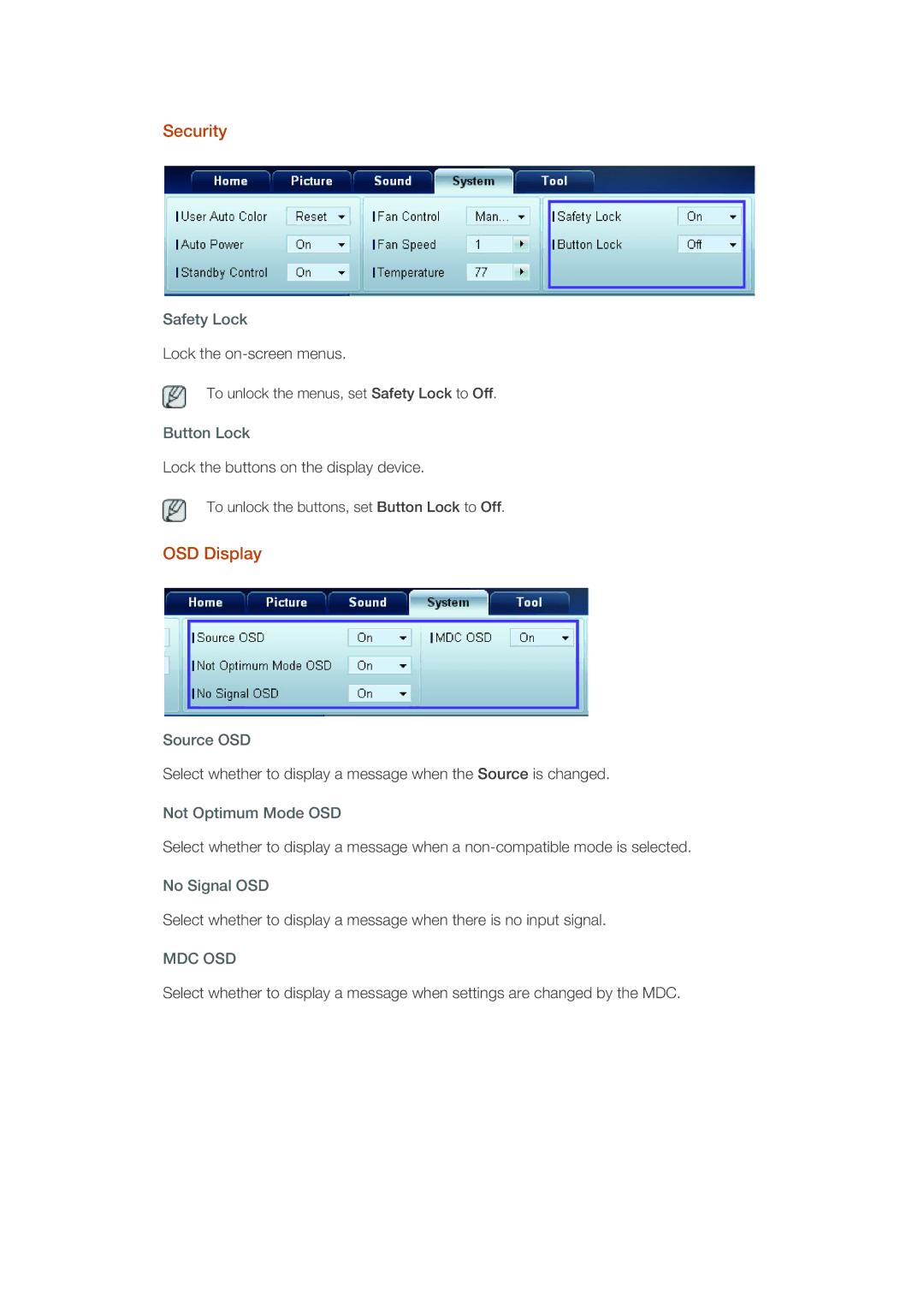 Samsung 460DX-3, 460DX3, 400DX-3, 400DX3 user manual Security, OSD Display, Safety Lock, Button Lock, Source OSD 