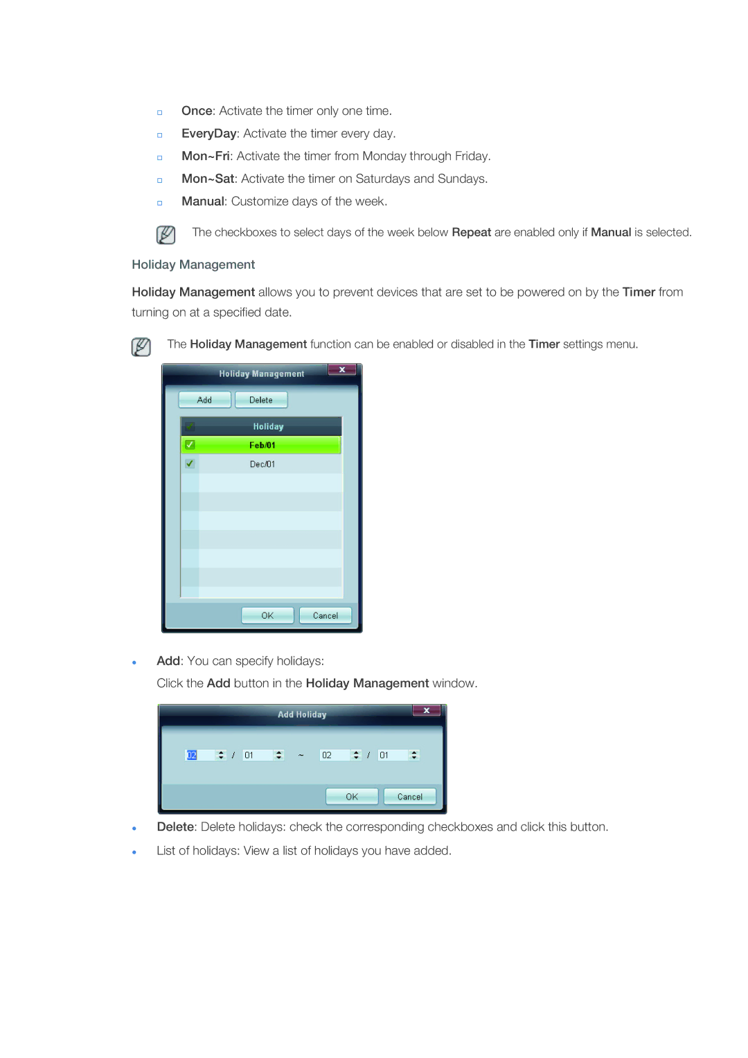 Samsung 400DX3, 460DX3, 460DX-3, 400DX-3 user manual Holiday Management 