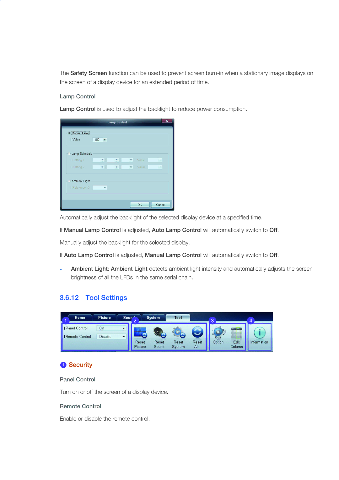 Samsung 460DX-3, 460DX3, 400DX-3, 400DX3 user manual Tool Settings, Lamp Control, Panel Control, Remote Control 