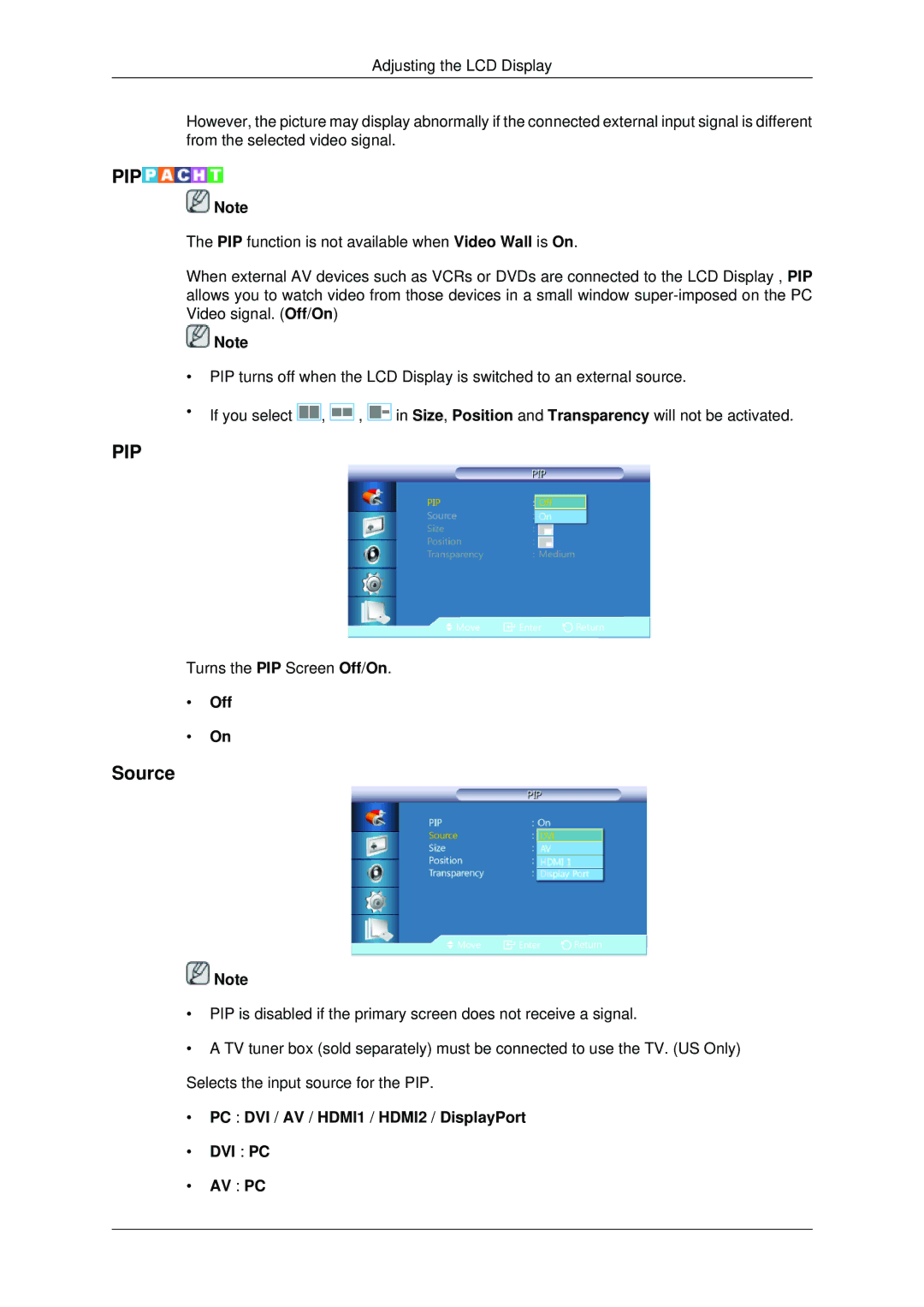 Samsung 400DX3, 460DX3, 460DX-3, 400DX-3 user manual Source, Off, PC DVI / AV / HDMI1 / HDMI2 / DisplayPort DVI PC AV PC 