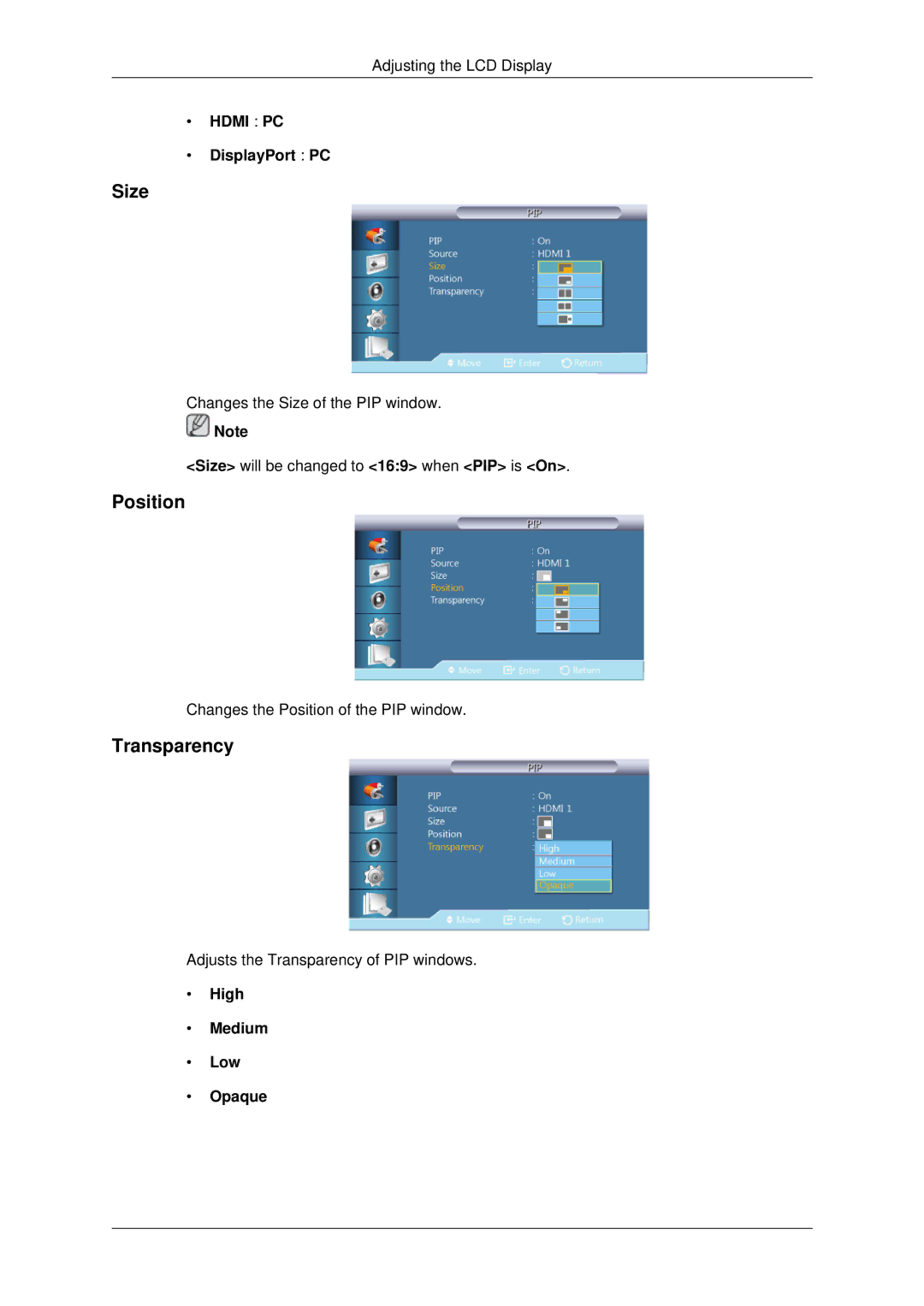 Samsung 460DX3, 460DX-3, 400DX-3, 400DX3 user manual Size, Position, Transparency, DisplayPort PC, High Medium Low Opaque 