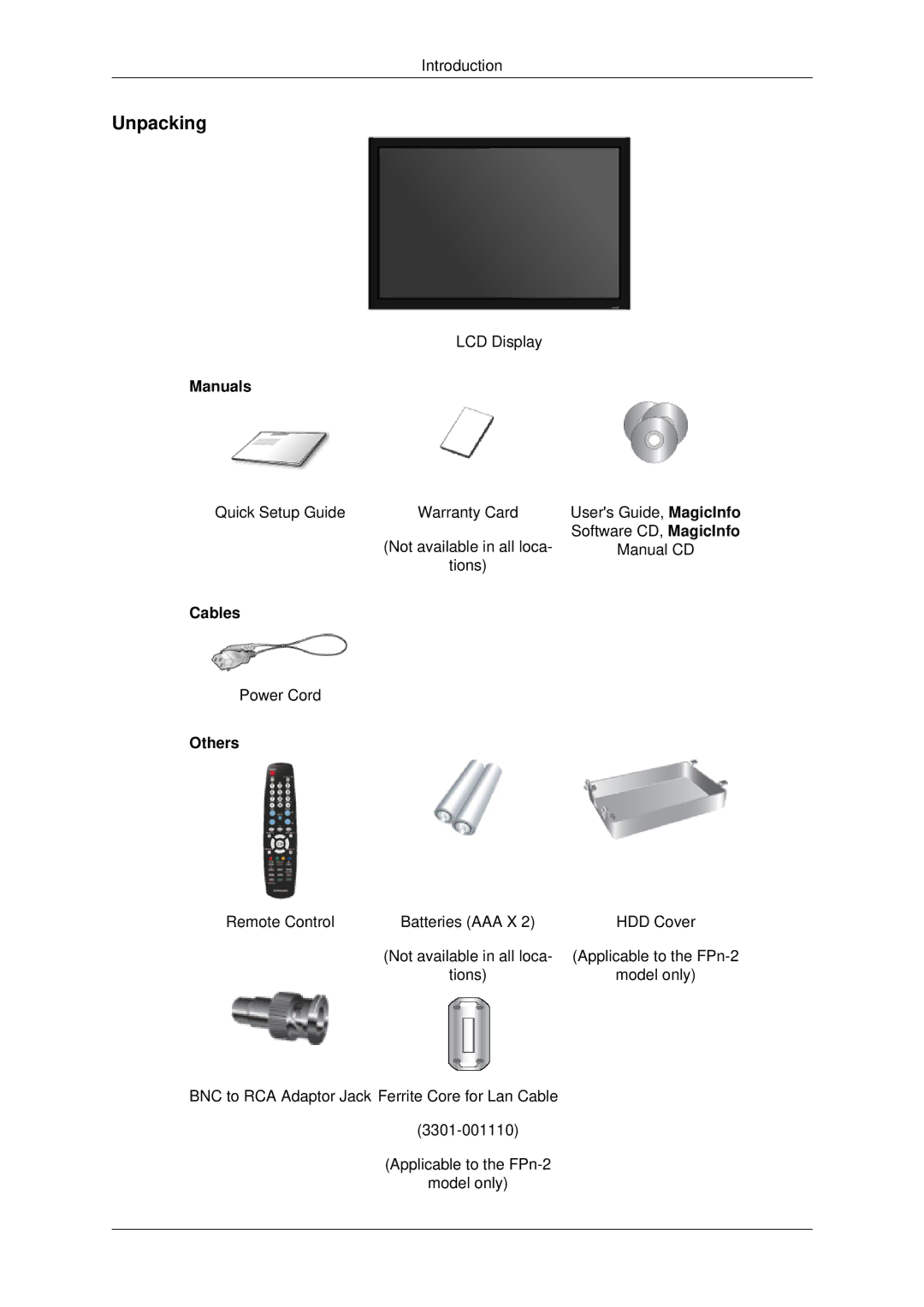 Samsung 400FPn-2, 460FPN-2, 460FP-2, 400FP-2 user manual Unpacking, Manuals, Cables, Others 